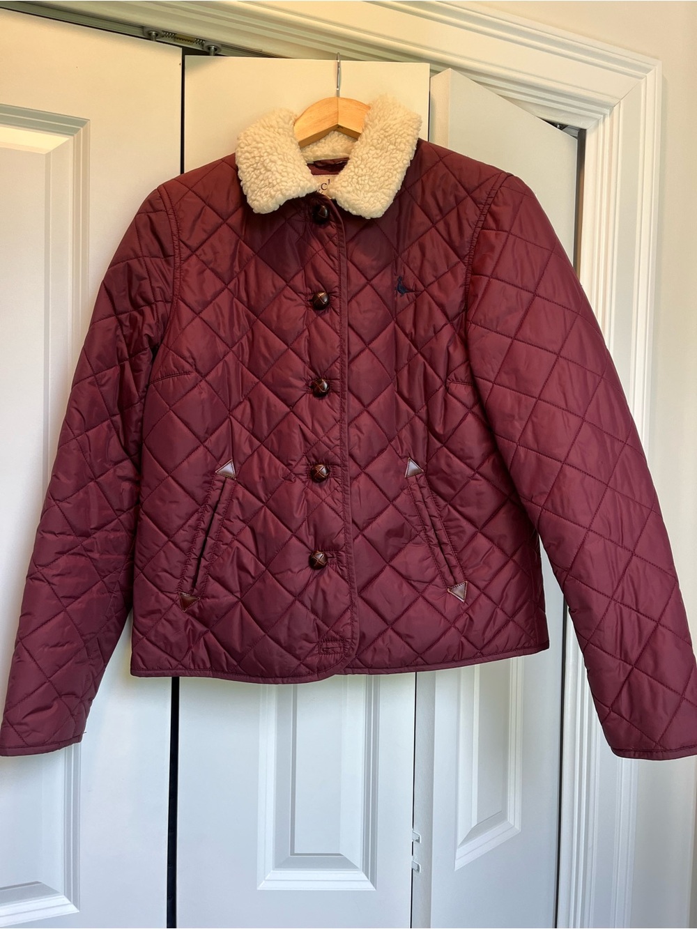 Jack Wills Quilted Burgundy Puffer Jacket with Cream Sherpa Collar
